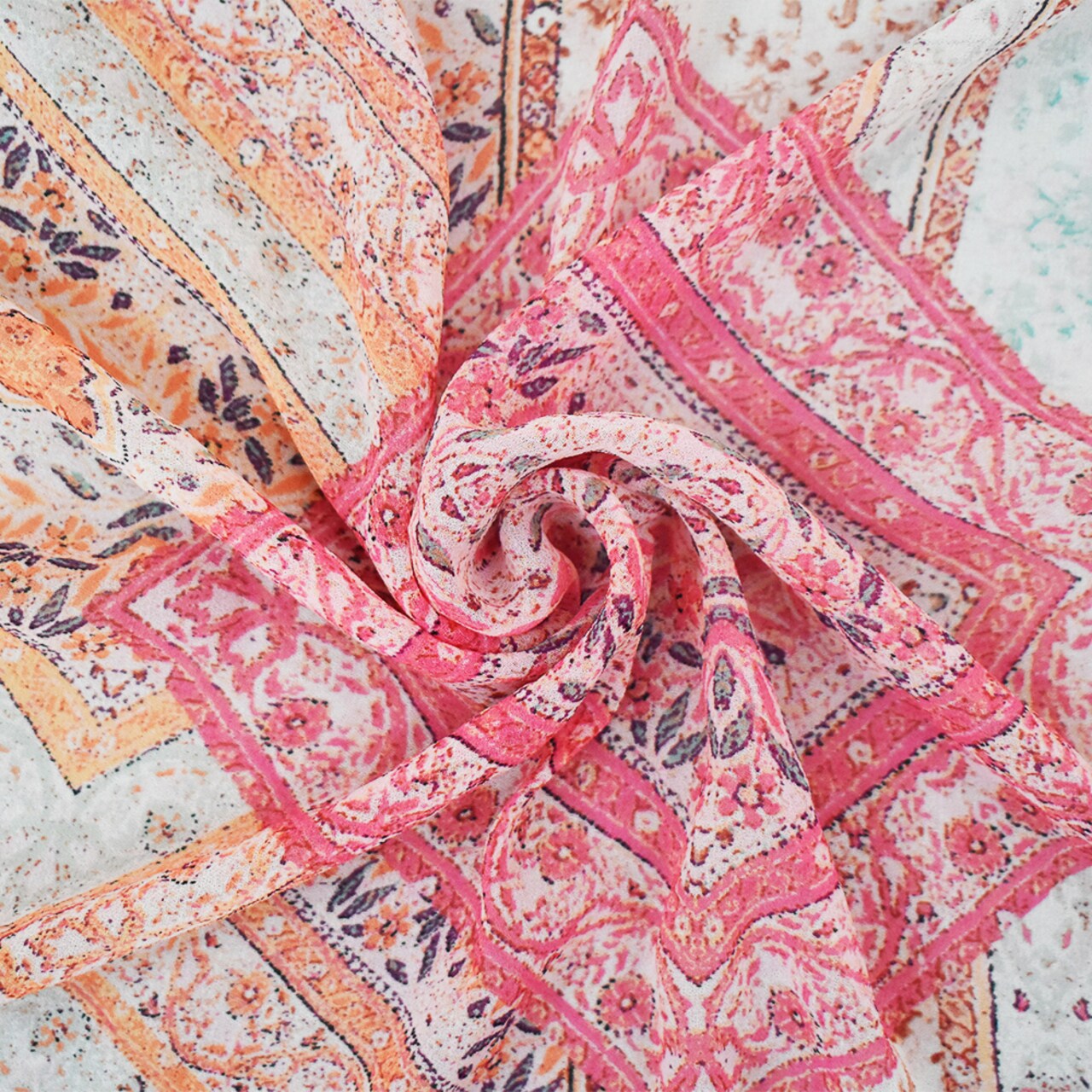 Orange-Pink-Multi Moroccan Bandana Printed Poly Chiffon Woven Fabric By the Yard